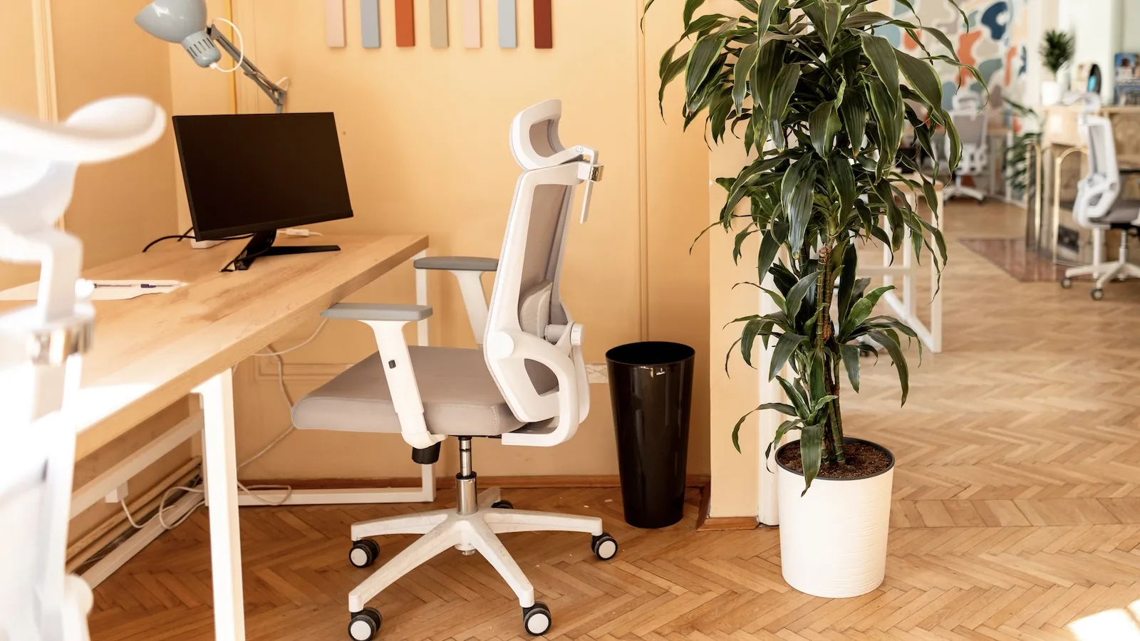 Close up of an ergonomic office chair showing seat depth and adjustable lumbar support.