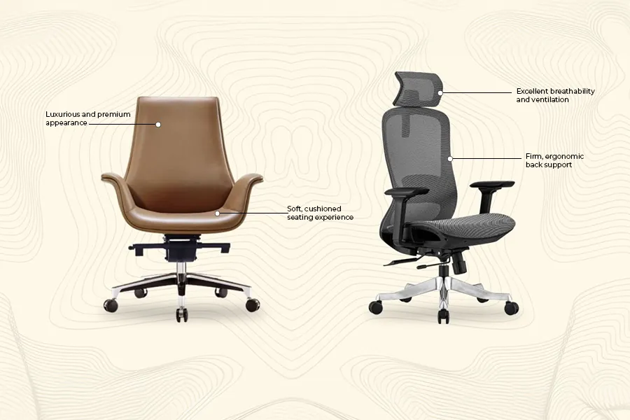 The curved backrest of an ergonomic chair provides support for healthy posture.