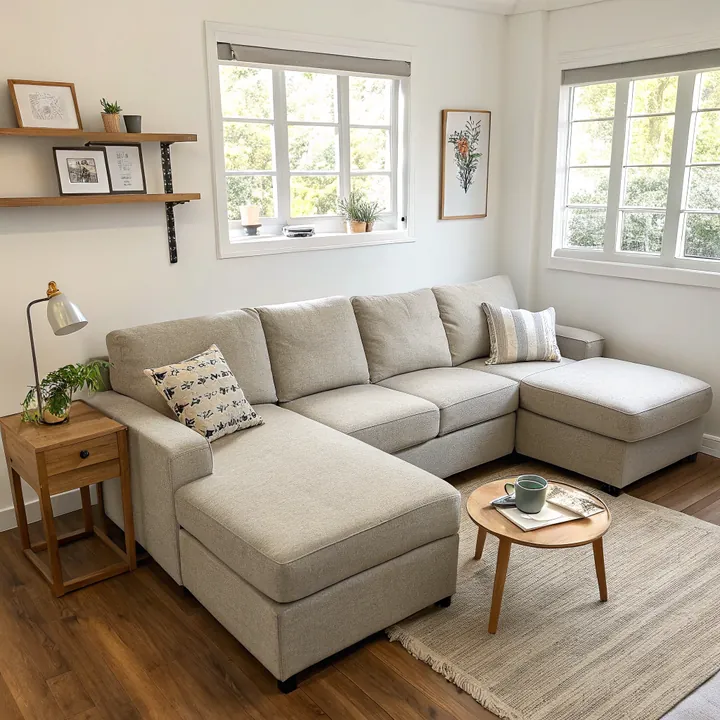 A high-quality sectional sofa serves as a centerpiece in a well-budgeted living room.