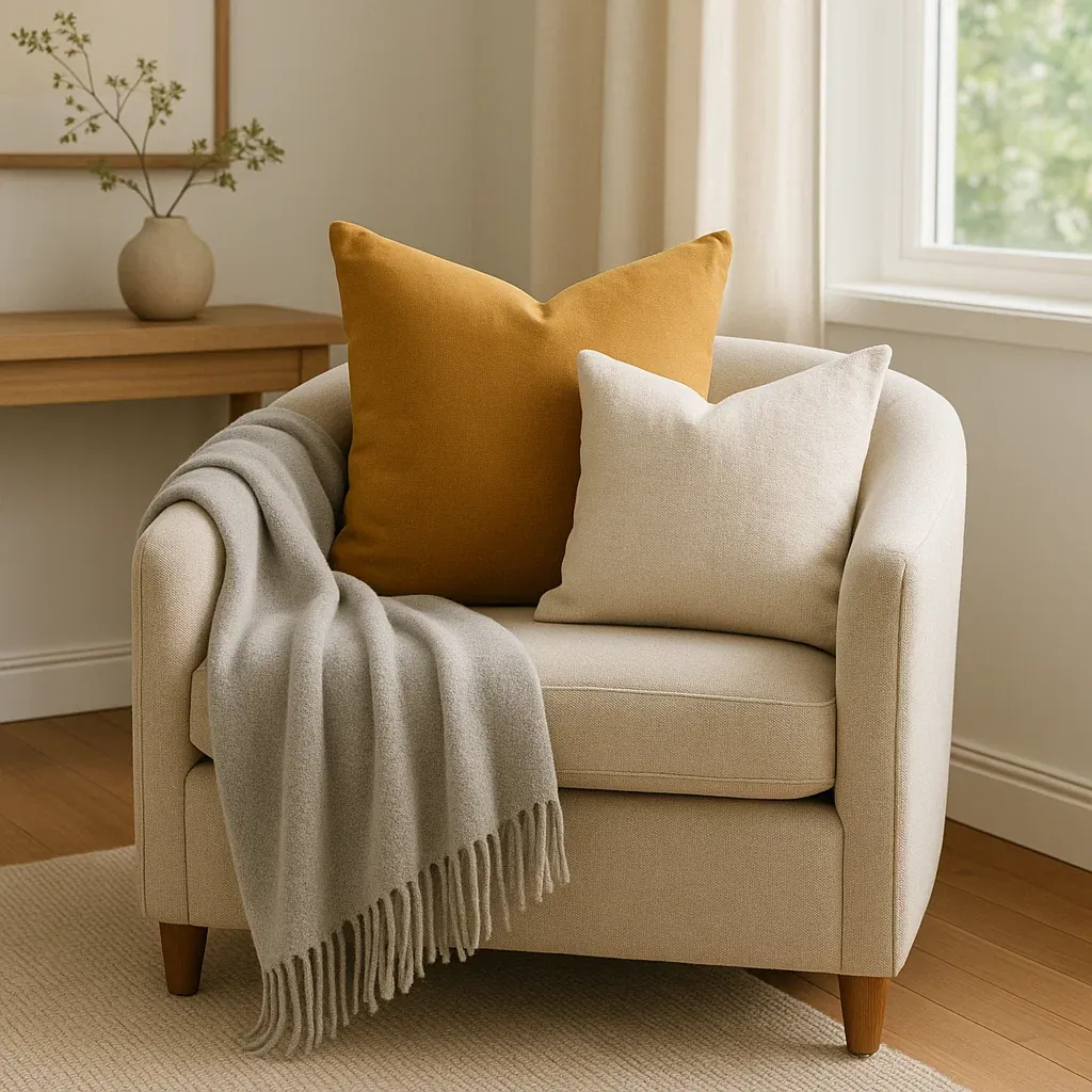 Interior design swatches laid out on a table with an accent chair nearby.