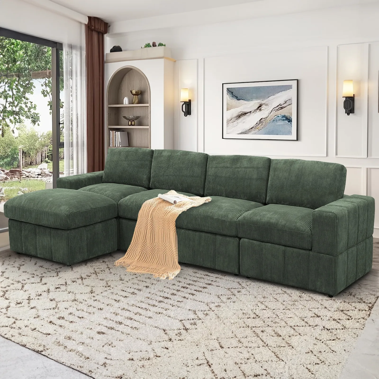 Various fabric swatches are displayed to help choose the right sectional sofa upholstery.