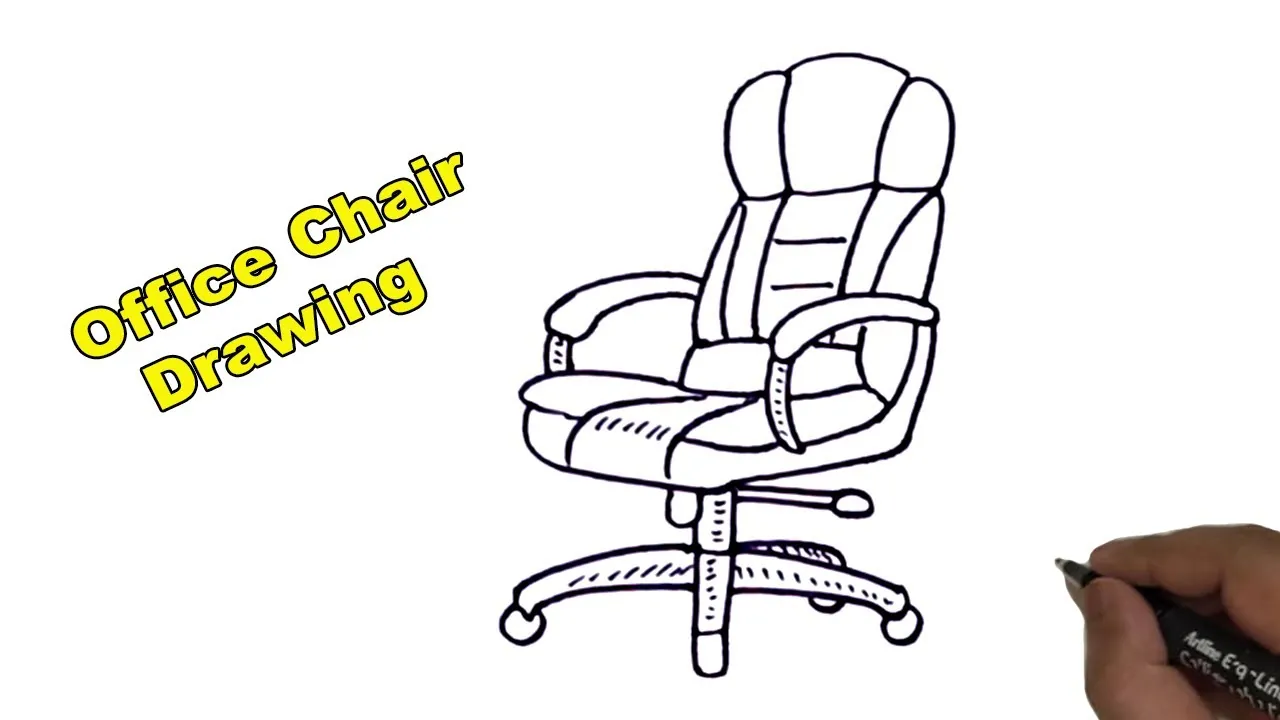 An artist sketching the geometric base and wheels of a swivel chair.