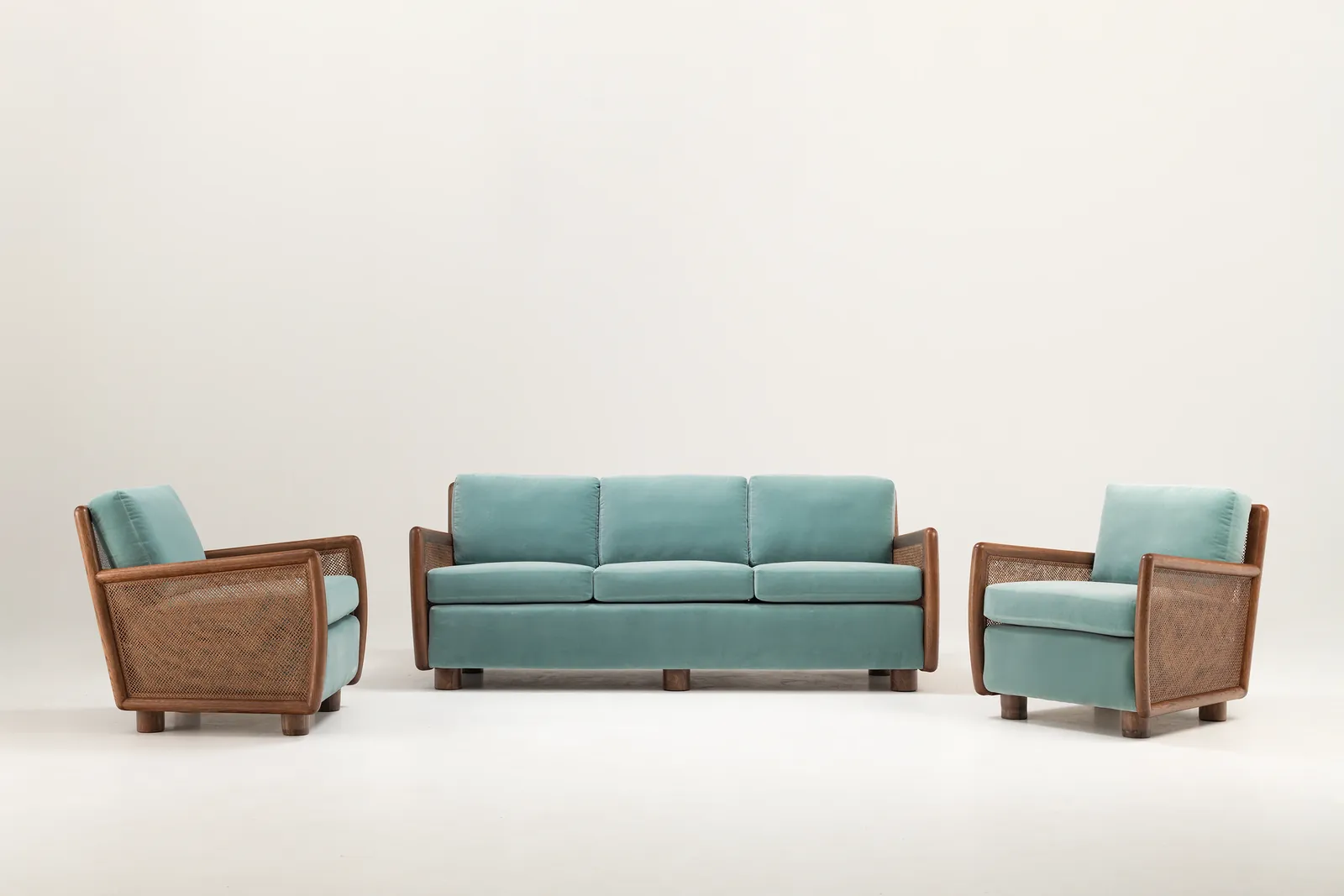 Close-up detail showing the careful alignment and spacing between a sofa and chair.