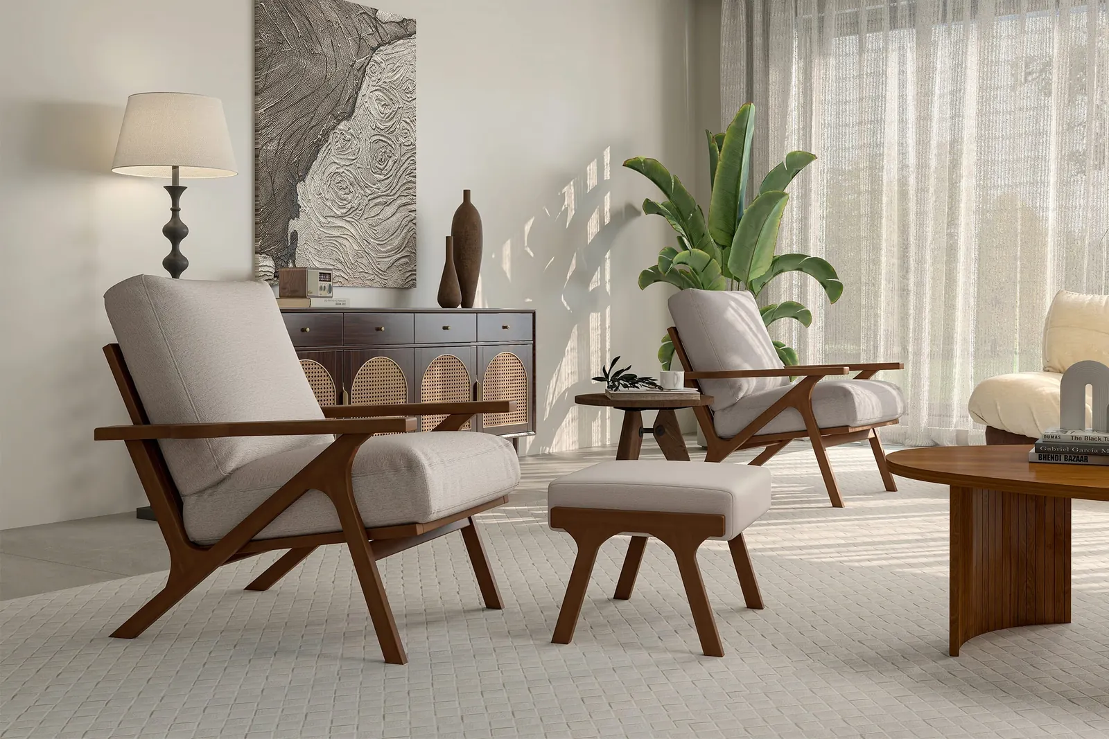 Different types of accent chairs displayed together in a clean, brightly lit studio.