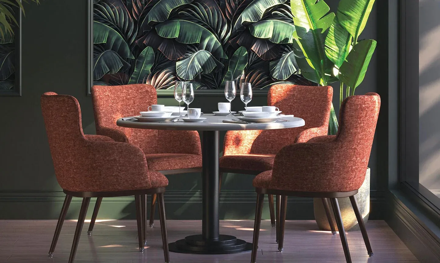 A dining table with ample clearance space to ensure comfortable movement around furniture.