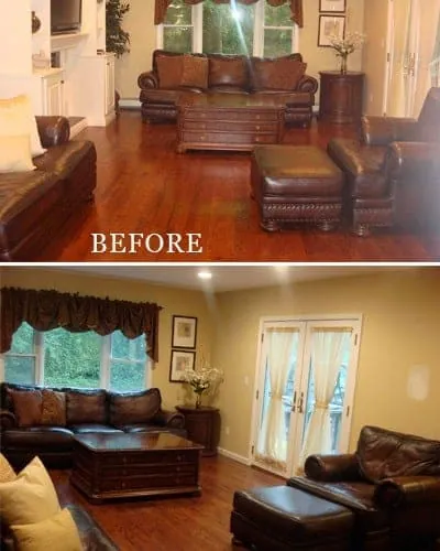 Light-colored throw blankets folded neatly on a brown couch to show maintenance tips.
