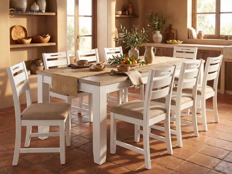 Measuring a wooden dining table to ensure proper room fitment.