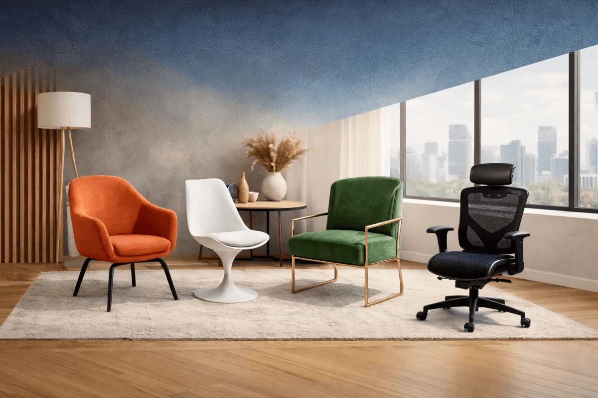 A modern swivel chair placed in a bright home office corner for optimal layout.