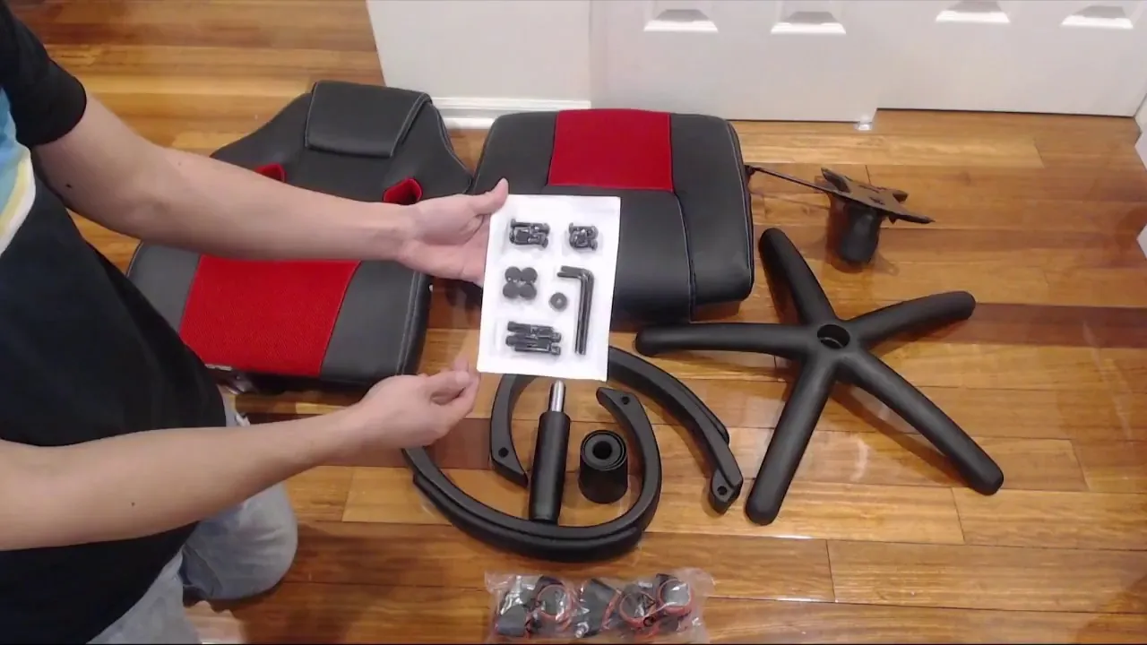 Organized bowls of furniture hardware and chair parts on a soft rug.