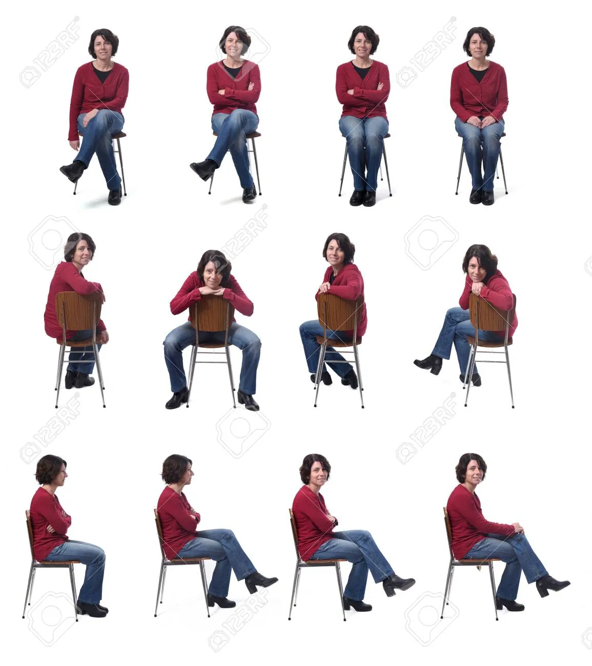 A person correcting their chin position and clothing while sitting in a chair.