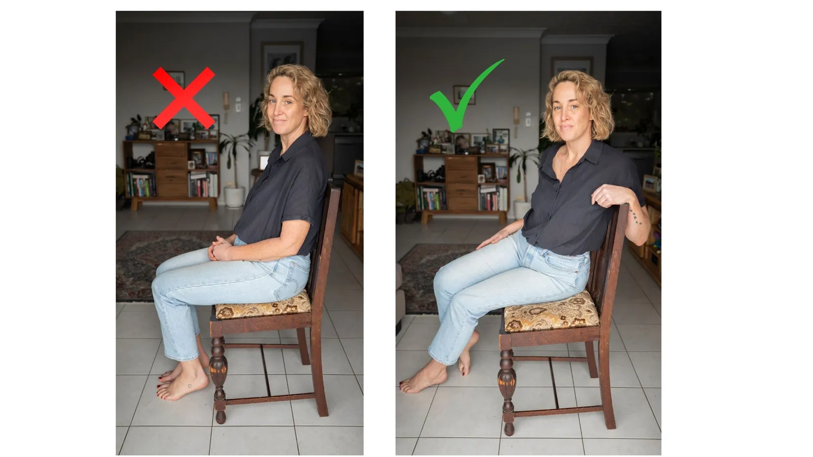 A person demonstrating the correct way to position feet while sitting down.