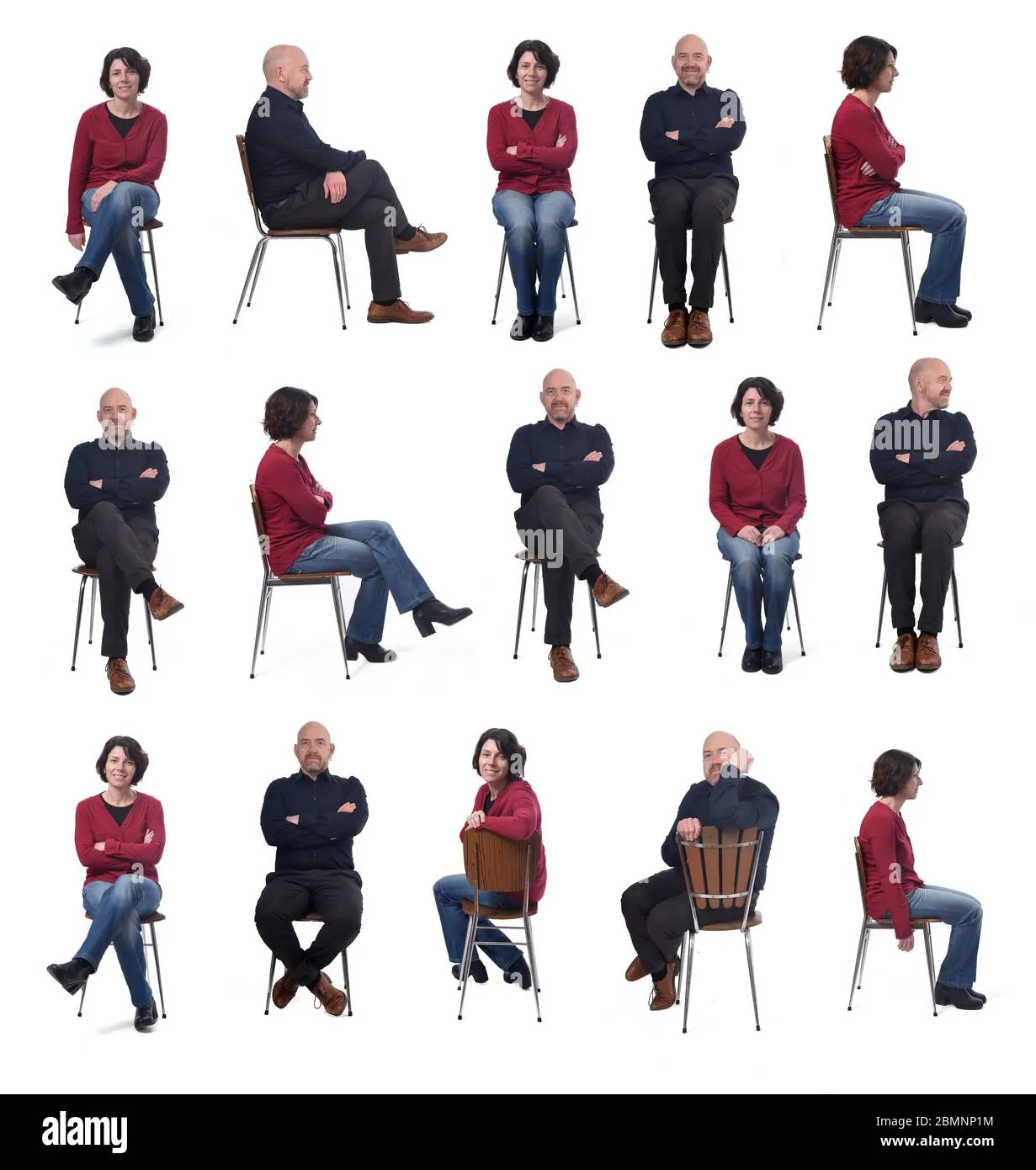 A person demonstrating how to position hands and arms while sitting on a chair.