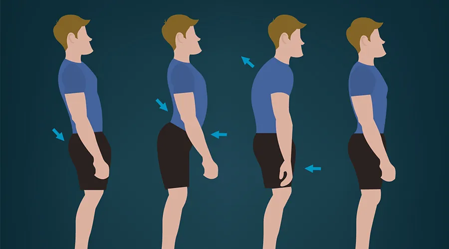 A person standing against a wall to practice a straight back alignment.