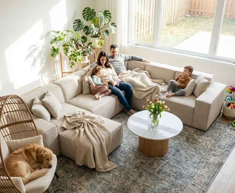 A sofa and two armchairs create an open seating arrangement in a living room.