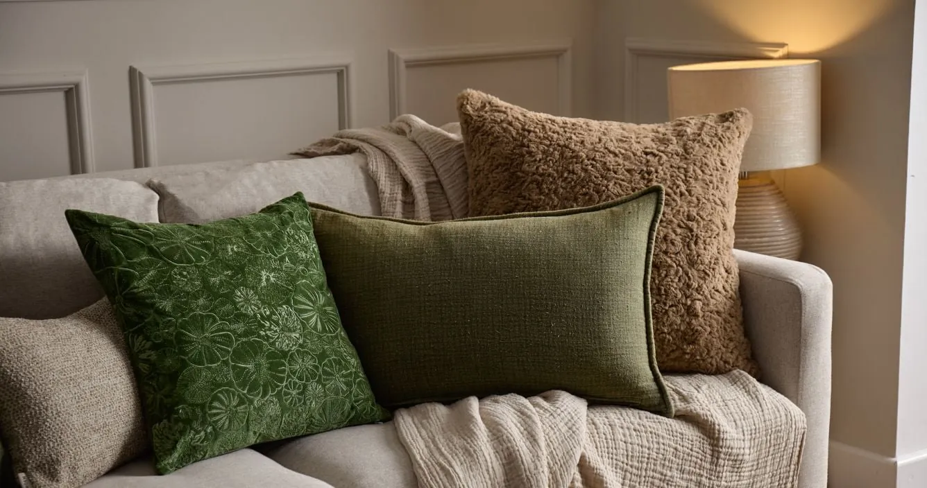 Styling a brown couch with a knit throw and pillows to solve room clutter.