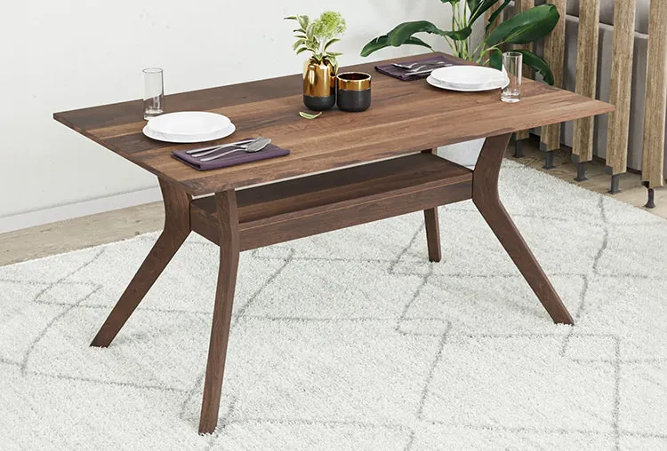 A tape measure lies on a wooden dining table to plan room dimensions.