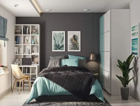 Various space-saving seating types arranged neatly within a small bedroom floor plan.