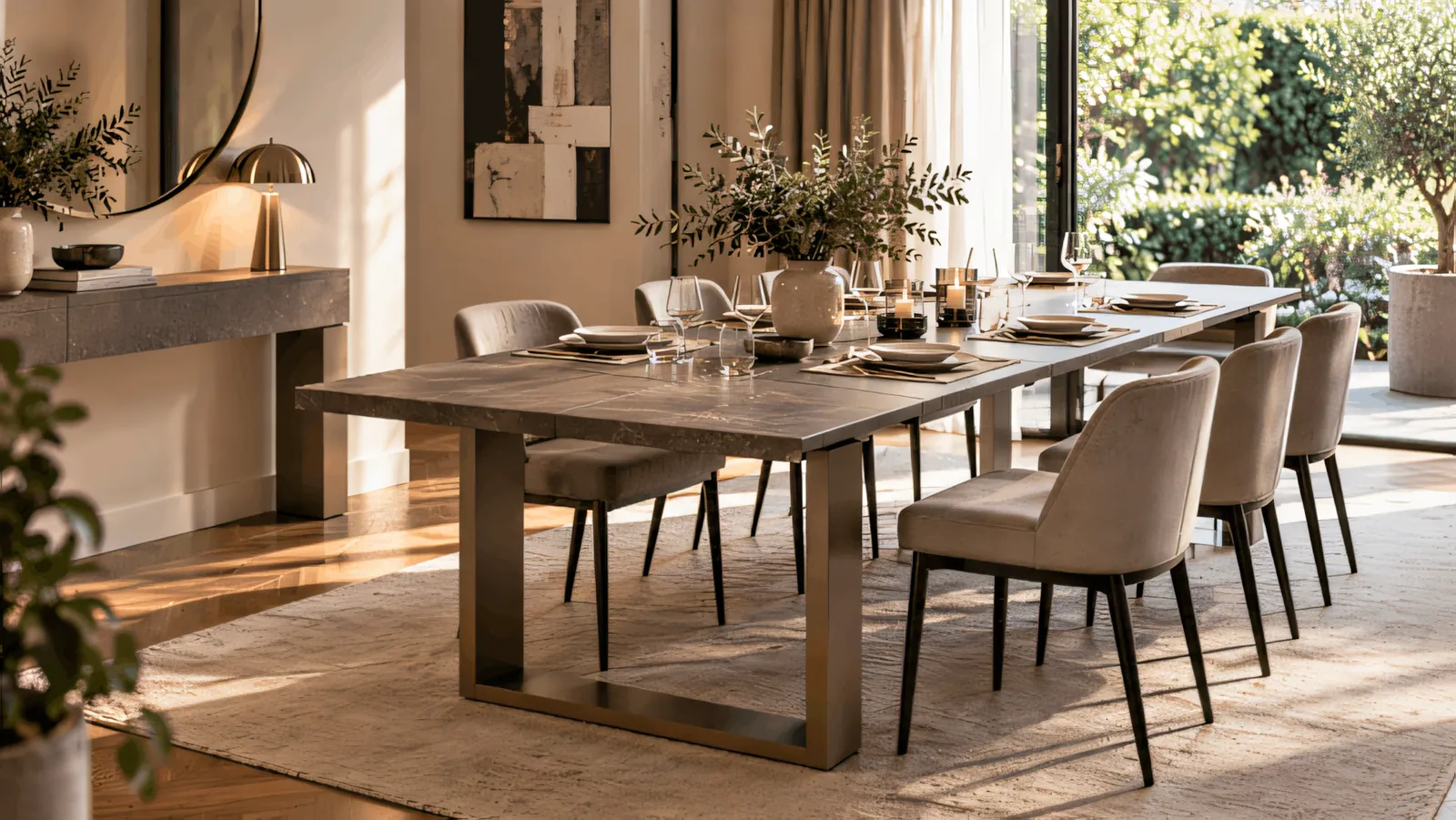 Wooden benches tucked under a narrow dining table to save floor space.